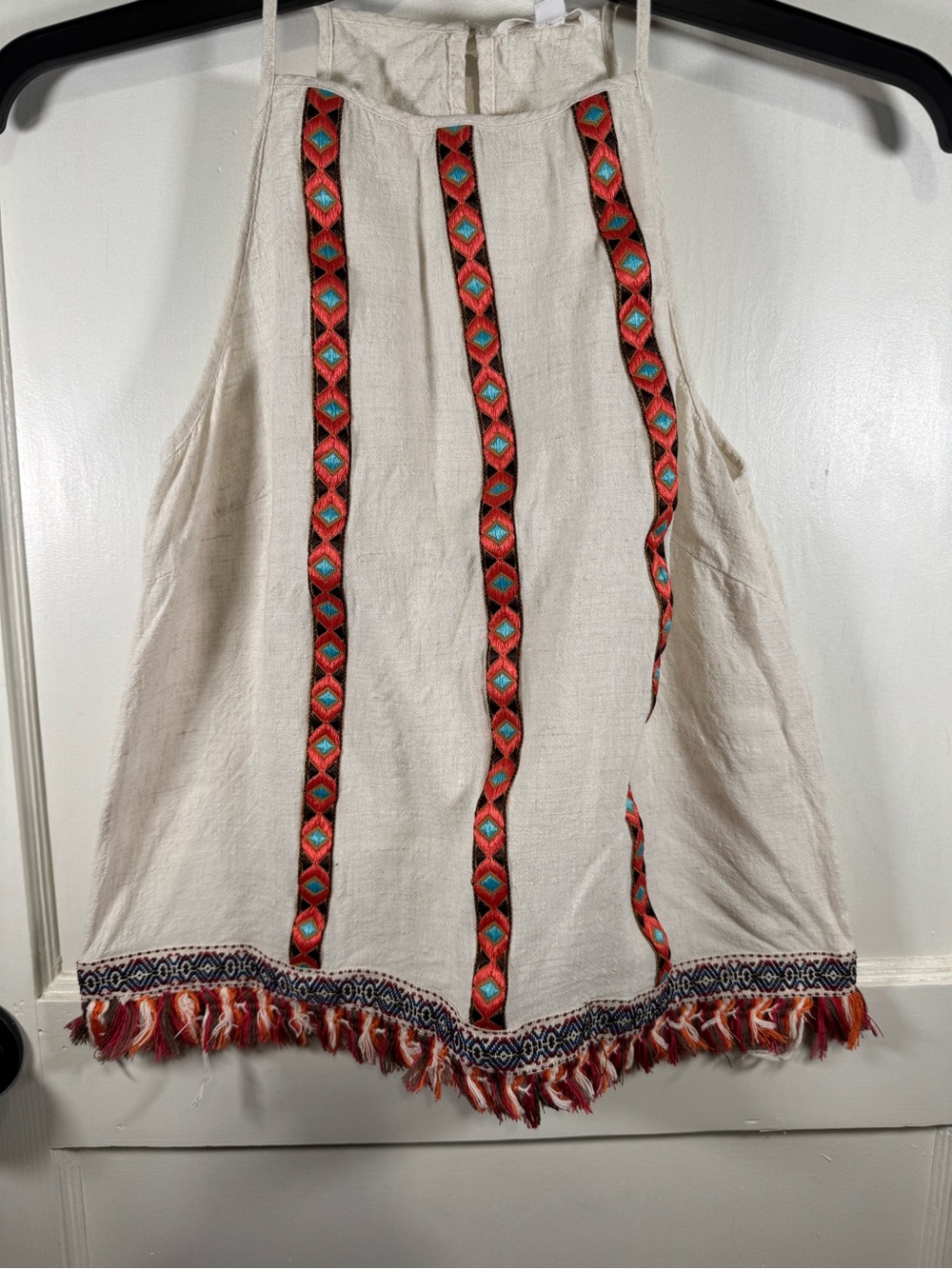 THML Cream Halter Top with Turquoise, Coral & Brown Embroidery